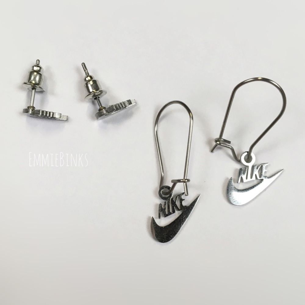 New NIKE Swoosh Stainless Steel Laser Earrings / Minimalist Nike Cutout Set - Picture 4 of 16